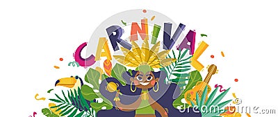 Brazilian carnival samba girl, toucan and guitar in tropical leaves banner template with colorful lettering and confetti Vector Illustration
