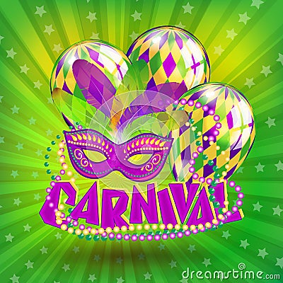 Vector carnival card with colorful balloons, carnival mask and lettering on violet background. Vector Illustration