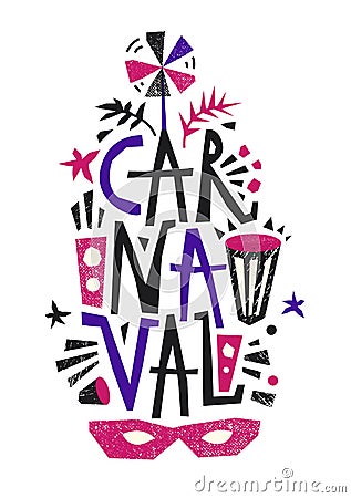 Vector carnival letering, poster, card with hand drawn elements. Popular Event in Brazil. Festive Mood. Carnaval Title Vector Illustration