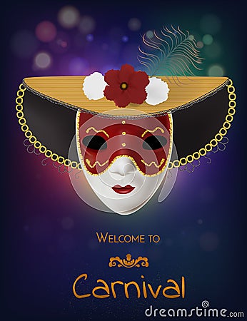 Vector carnival mask with flowers and feathers. Invitation to carnival with colorful shiny background and venetian red mask. Vector Illustration