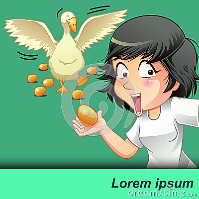 She is carrying golden egg with a goose and golden eggs background. Vector Illustration