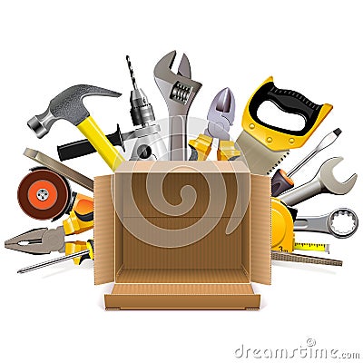 Vector Carton Box with Hand Tools Vector Illustration