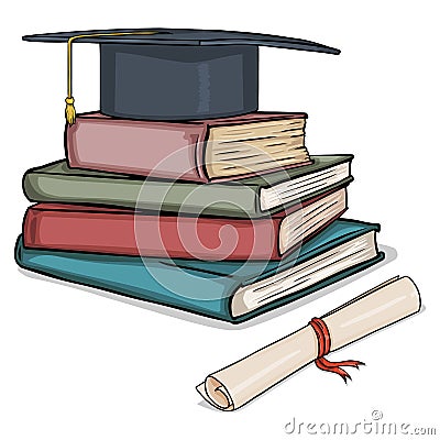 Vector Cartoon Academic Hat on Stack of Books and Diploma Vector Illustration