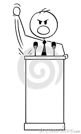 Vector Cartoon of Aggressive Man or Politician Speaking or Having Speech on Podium Behind Lectern Vector Illustration