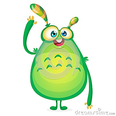 Vector cartoon alien says Hallo. Green slimy alien monster with tentacles. Happy Halloween green monster waving Vector Illustration