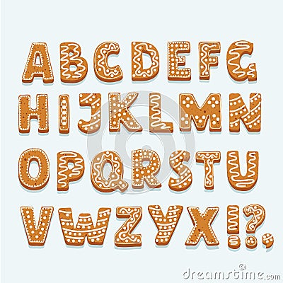 Christmas or New Year alphabet cookies set with glaze vector illustration. Isolated textured letters on white background. Vector Illustration