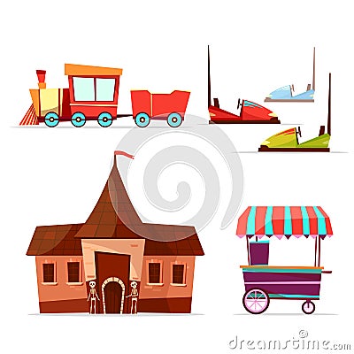 Vector cartoon amusement park attractions set. Vector Illustration