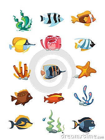 Vector cartoon aquarium decor objects, underwater assets for mobile phone game Vector Illustration