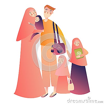 Cartoon arab family characters. Happy muslim mother holding infant baby, teen girl children. People in national clothing Vector Illustration