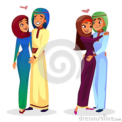 Vector cartoon arab muslim couples hugging Vector Illustration