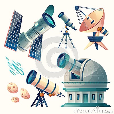 Vector cartoon astronomy set. Astronomical telescopes - radio, orbital Vector Illustration