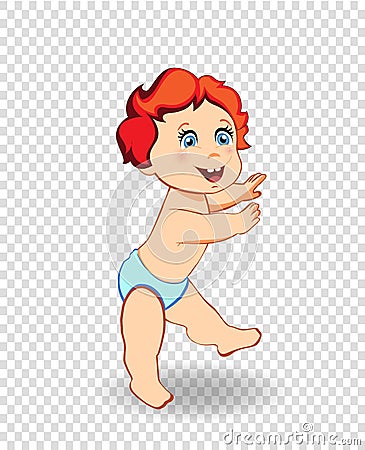 Vector cartoon baby boy in blue diaper trying to walk Vector Illustration