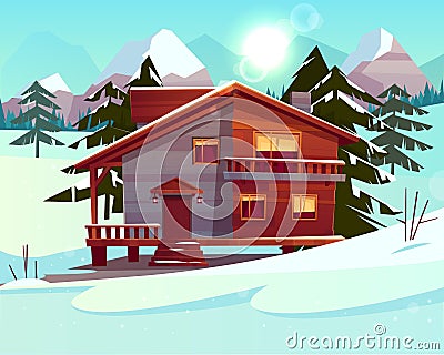 Vector cartoon luxury hotel, chalet. Winter resort Vector Illustration