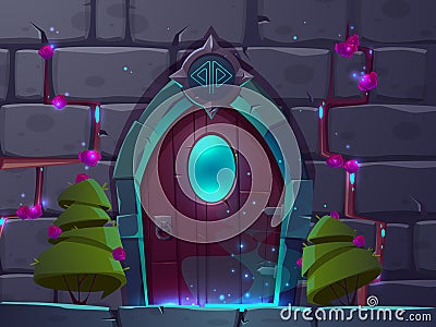 Vector cartoon wooden magic door, mystery portal Vector Illustration