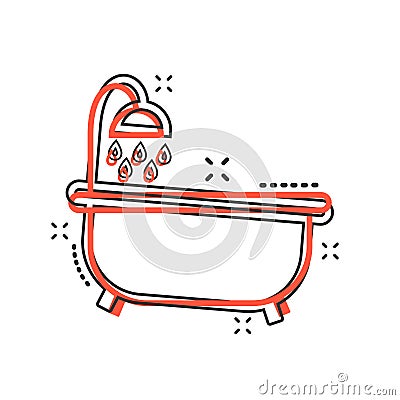 Vector cartoon bathtub icon in comic style. Bathroom shower sign Vector Illustration