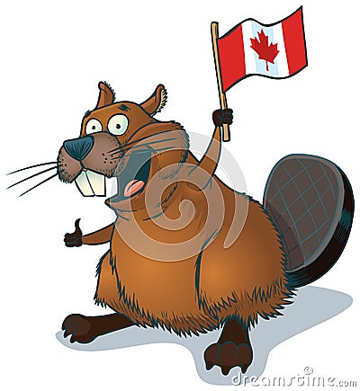 Vector Cartoon Beaver with Canadian Flag Vector Illustration