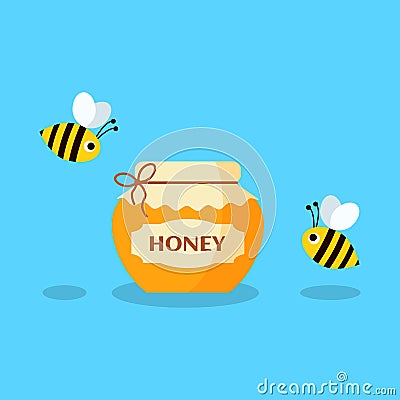 Vector cartoon bees flying around a brimful jar of honey Vector Illustration