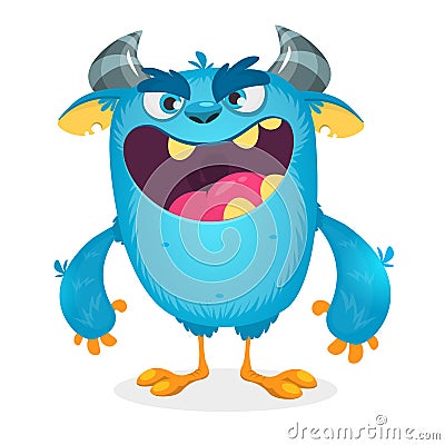 Vector cartoon of blue fat and fluffy Halloween monster. Vector Illustration