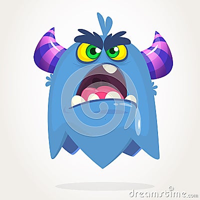 Vector cartoon of an blue fat and fluffy Halloween monster screaming with wide opened mouth. Isolated. Vector Illustration