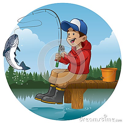 Cartoon boy enjoying fishing in the lake Vector Illustration