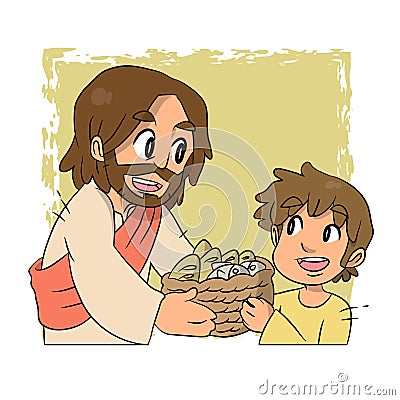 A vector cartoon of a boy giving a basket of fish and bread to Jesus as told from the Bible. Vector Illustration