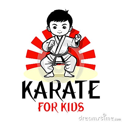Vector Cartoon Boy in karate discipline. Martial arts school for childrens. Baby Karate logo. Strong kids concept Vector Illustration