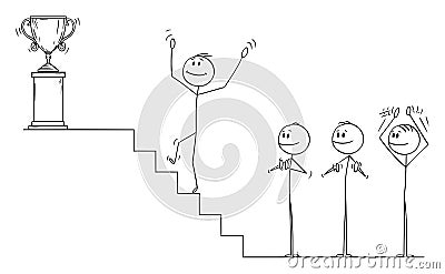 Vector Cartoon of Businessman Climbing Up the Stairs to for the Winner`s Trophy, Business Team is Applauding Vector Illustration