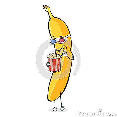 Vector Cartoon Character - Banana with Popcorn and 3d-Glasses Vector Illustration