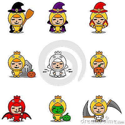 Mascot set bundle halloween chicken Vector Illustration