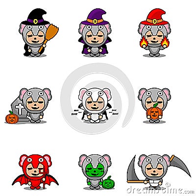 Mascot set bundle halloween elephant Vector Illustration