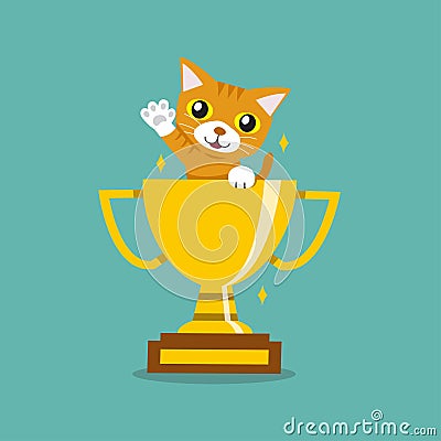 Vector cartoon character cute tabby cat with gold trophy cup award Vector Illustration