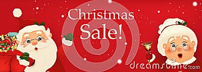 Vector cartoon character of Happy Santa Claus and his wife with signboard. Christmas advertising design. Christmas Sale Season Stock Photo