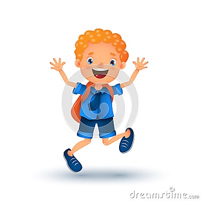 Vector cartoon character - school boy with a bag, isolated without background. Smiling happy child, playing and jumping on school Vector Illustration