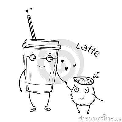 Vector cartoon characters, latte with cream Vector Illustration