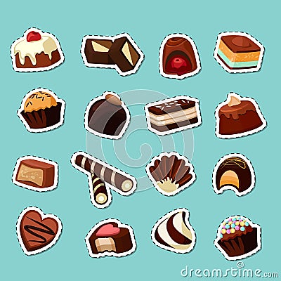 Vector cartoon chocolate candies stickers set Vector Illustration