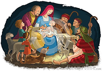 Christmas Nativity Scene with Holy Family - baby Jesus, Mary, Joseph - and shepherds Vector Illustration