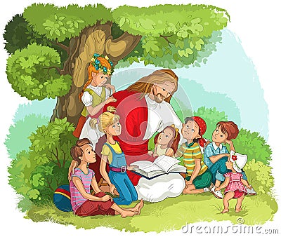 Jesus reading the Bible with Children. Vector cartoon christian illustration Vector Illustration