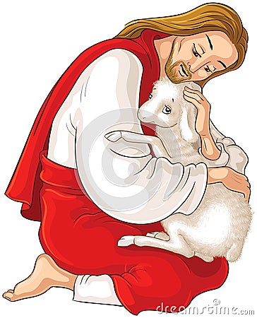 History of Jesus Christ. The Parable of the Lost Sheep. The Good Shepherd Rescuing a Lamb Caught in Thorns isolated on white Vector Illustration