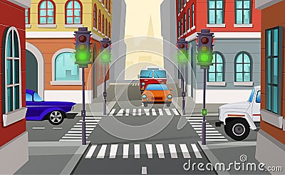 Vector cartoon city crossroad with traffic lights Vector Illustration