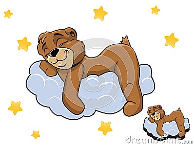 Vector cartoon color cute Teddy bear sleeping on a cloud Vector Illustration