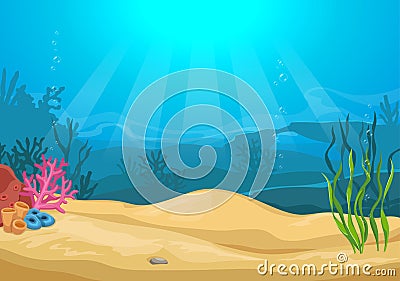 Vector cartoon colorful underwater landscape with sea plants and corals Vector Illustration