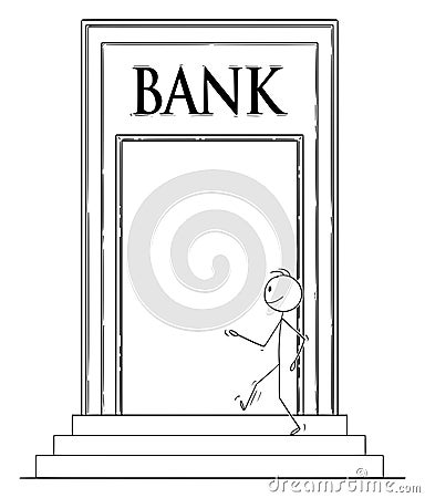 Vector Cartoon of Confident Man or Businessman Walking Through Big Door and Entering Bank Building Vector Illustration