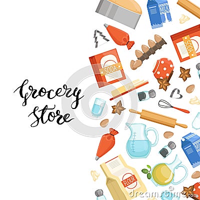 Vector cartoon cooking ingridients or groceries background illustration with lettering Vector Illustration