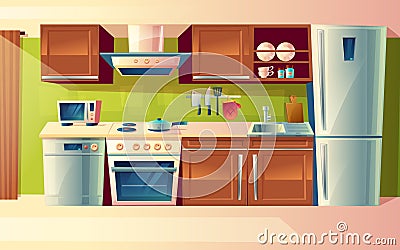 Vector cartoon set of kitchen counter with appliances. Cupboard, furniture. Household objects, cooking room interior. Vector Illustration