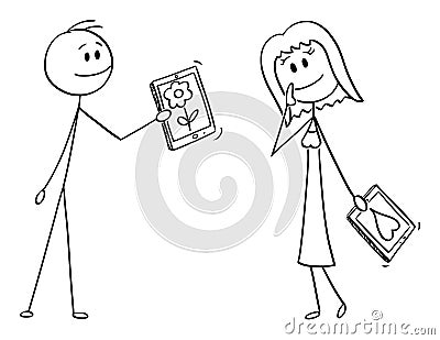 Vector Cartoon of Couple of Man and Woman on Date, Man si Giving Her Flower on Tablet or Mobile Phone Vector Illustration