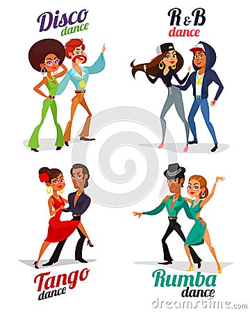 Vector cartoon of a couples dancing tango, rumba, disco and hip hop Vector Illustration