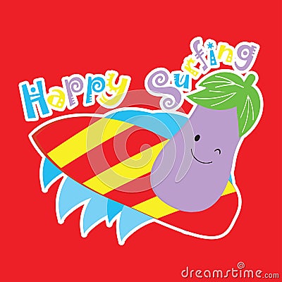 Vector cartoon of cute eggplant is surfing Vector Illustration