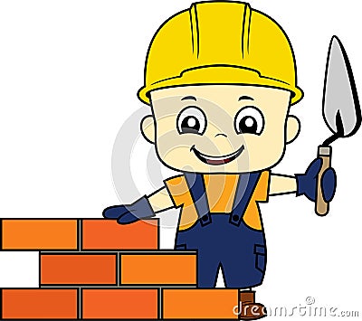Vector cartoon cute kid bricklayer masonry worker with helmet and trowel putty knife Vector Illustration