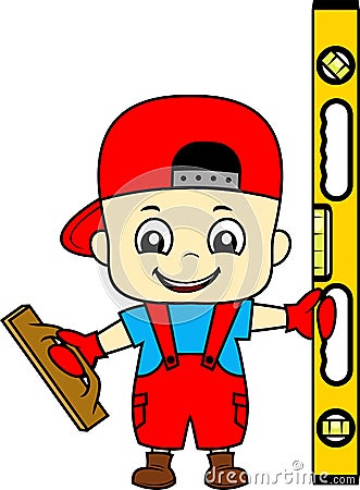 Vector cartoon cute kid plasterer worker with plastering trowel and spirit level Vector Illustration