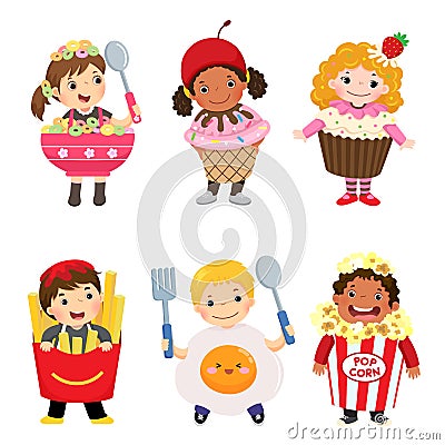 Vector cartoon of cute kids in food costumes set. Carnival cloth Vector Illustration